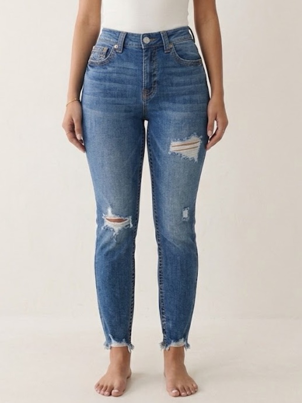 True Religion Women Jennie Mid Rise Curvy Skinny Jeans 31 Distressed Raw Hem